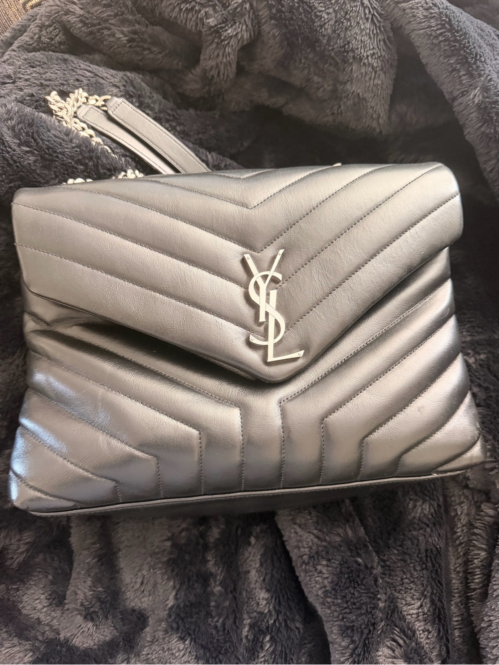 Saint Laurent Black Quilted Chevron Shoulder Bag with Silver YSL
